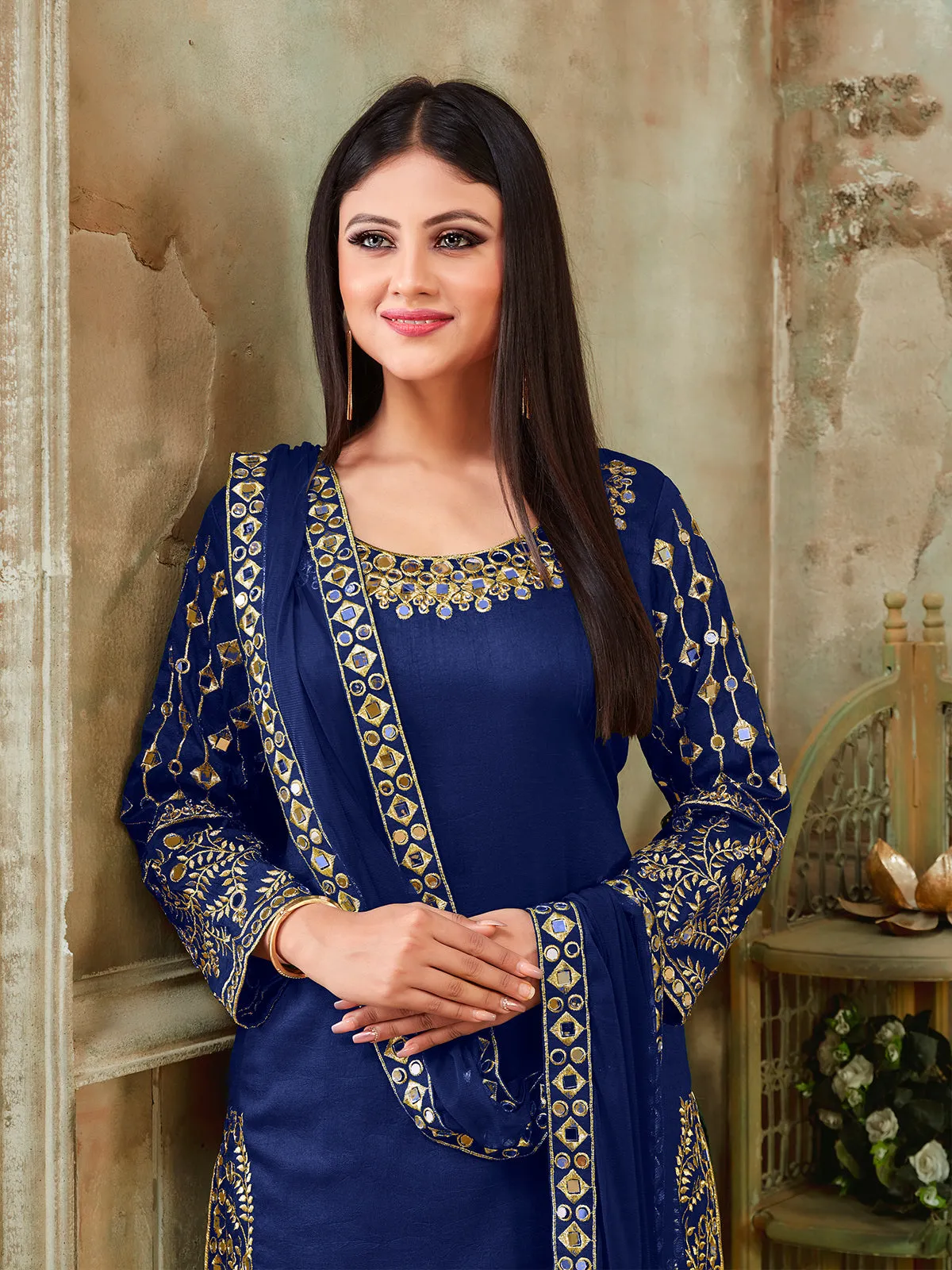 Odette Blue Art silk Embroidered Semi stitched Kurta Set