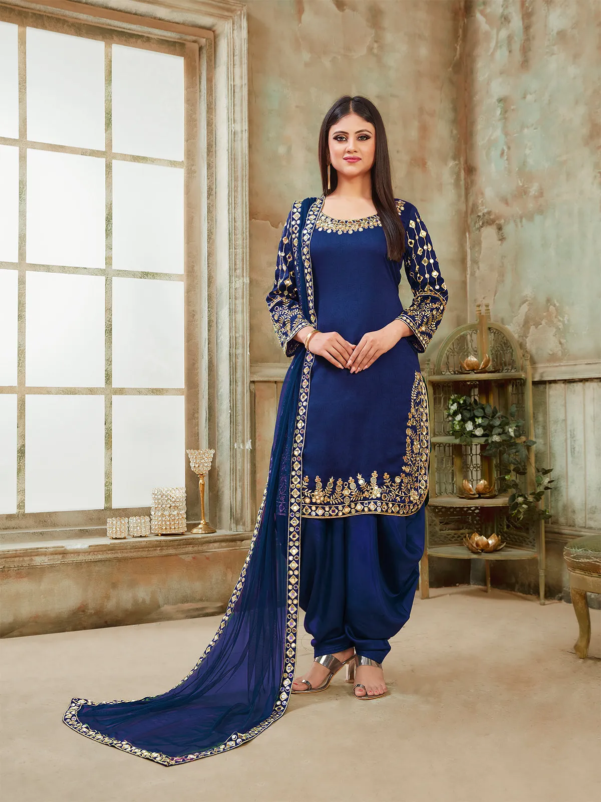 Odette Blue Art silk Embroidered Semi stitched Kurta Set