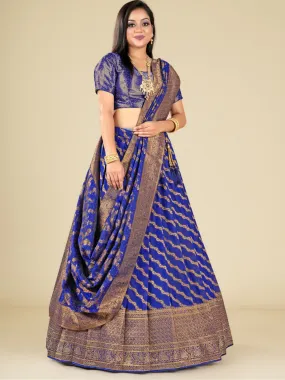 Odette Blue Banarasi Woven  Semi Stitched  Lehenga With Unstitched Blouse For Women