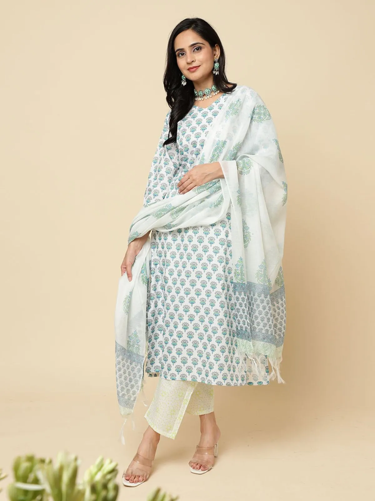 Odette Blue Cotton Blend Printed Stitched Kurta Set  For Women