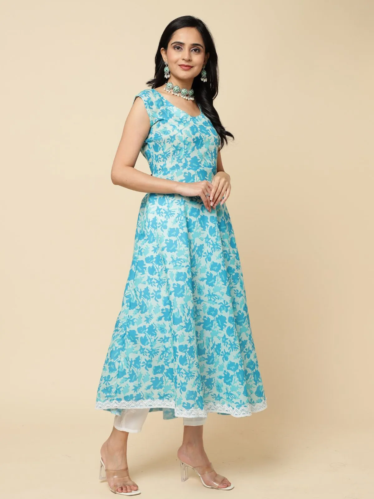 Odette Blue Cotton Blend Printed Stitched Kurta Set  For Women