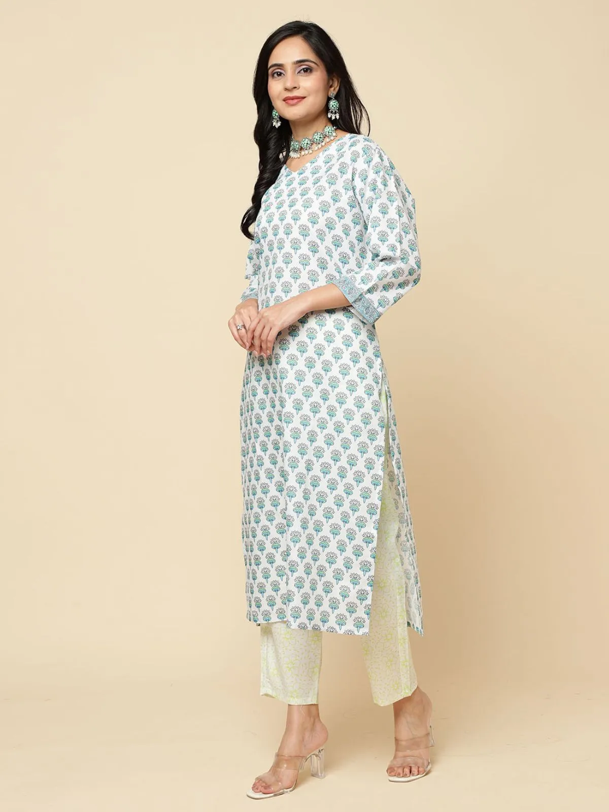 Odette Blue Cotton Blend Printed Stitched Kurta Set  For Women