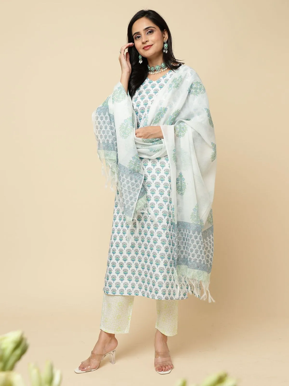 Odette Blue Cotton Blend Printed Stitched Kurta Set  For Women