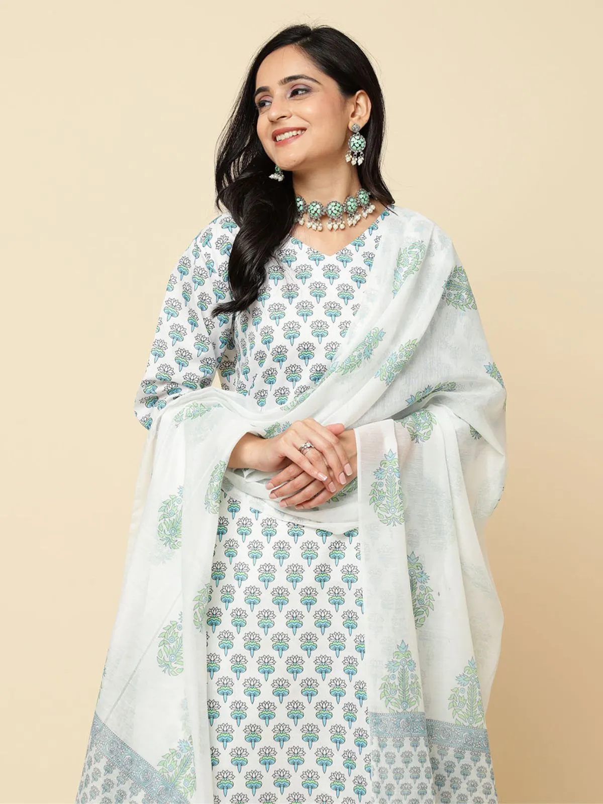 Odette Blue Cotton Blend Printed Stitched Kurta Set  For Women