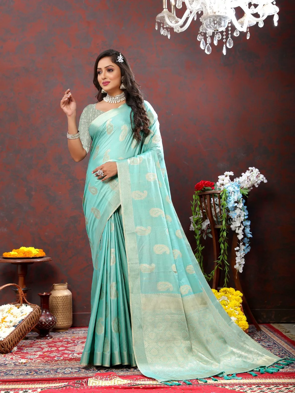 Odette Blue Cotton Blend Woven Saree with Unstitched Blouse for Women