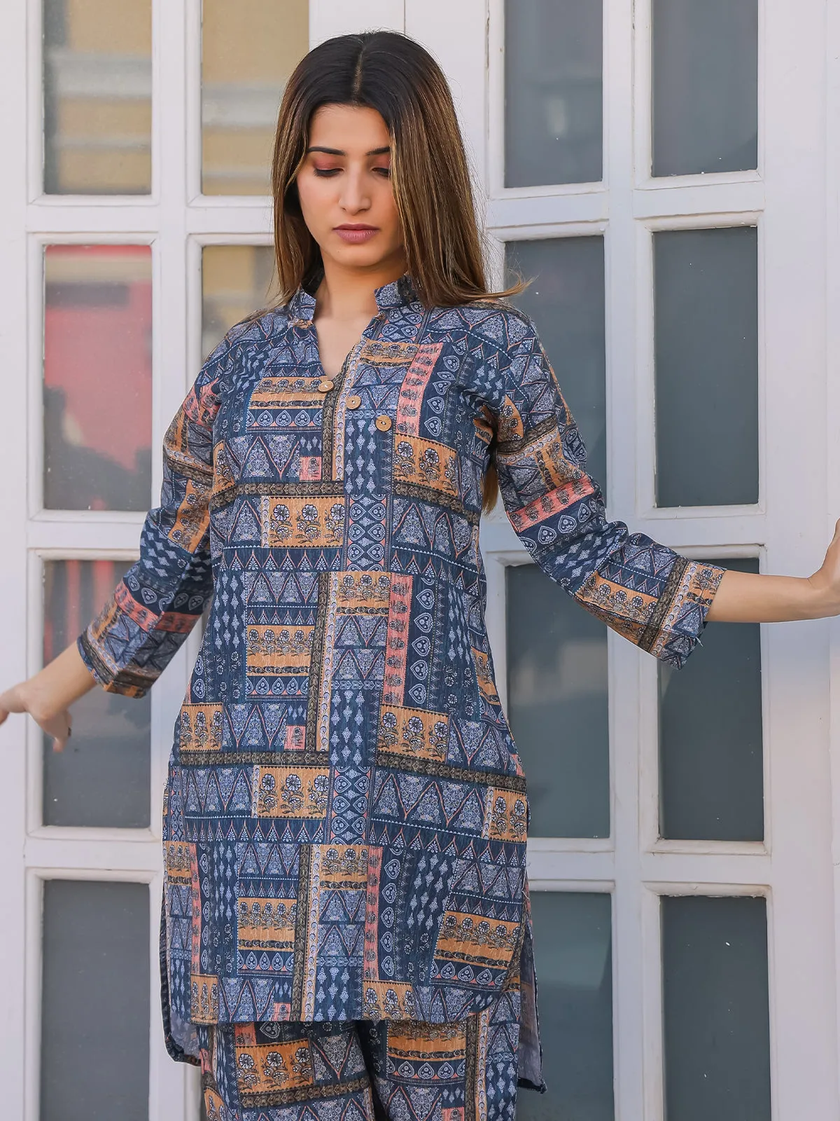 Odette Blue Cotton Printed Stitched Co Ord Set for Women