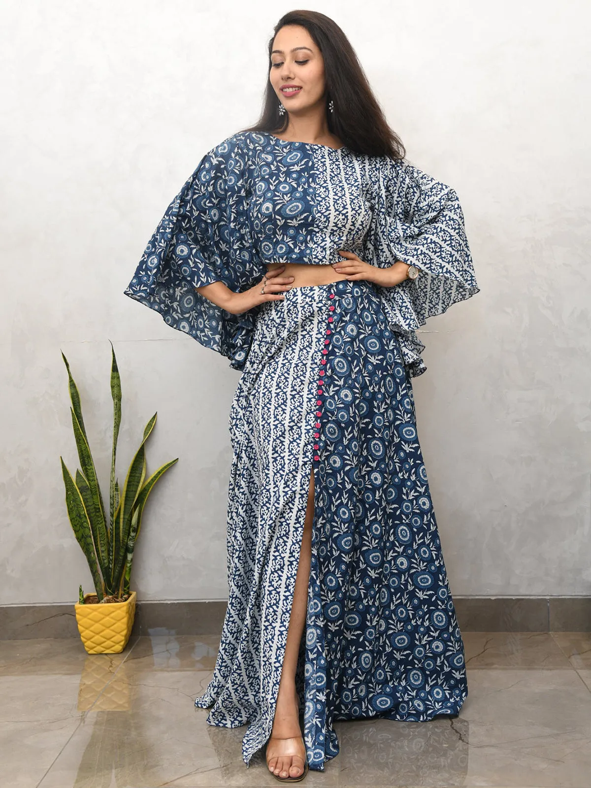 Odette Blue Cotton Printed Stitched Co Ord Set For Women