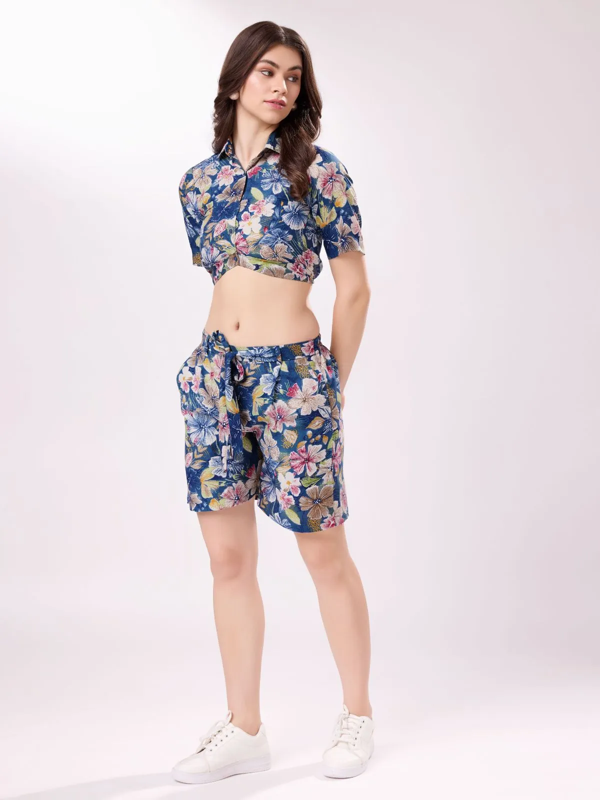 Odette Blue Cotton Printed Stitched Co-ord Set For Women