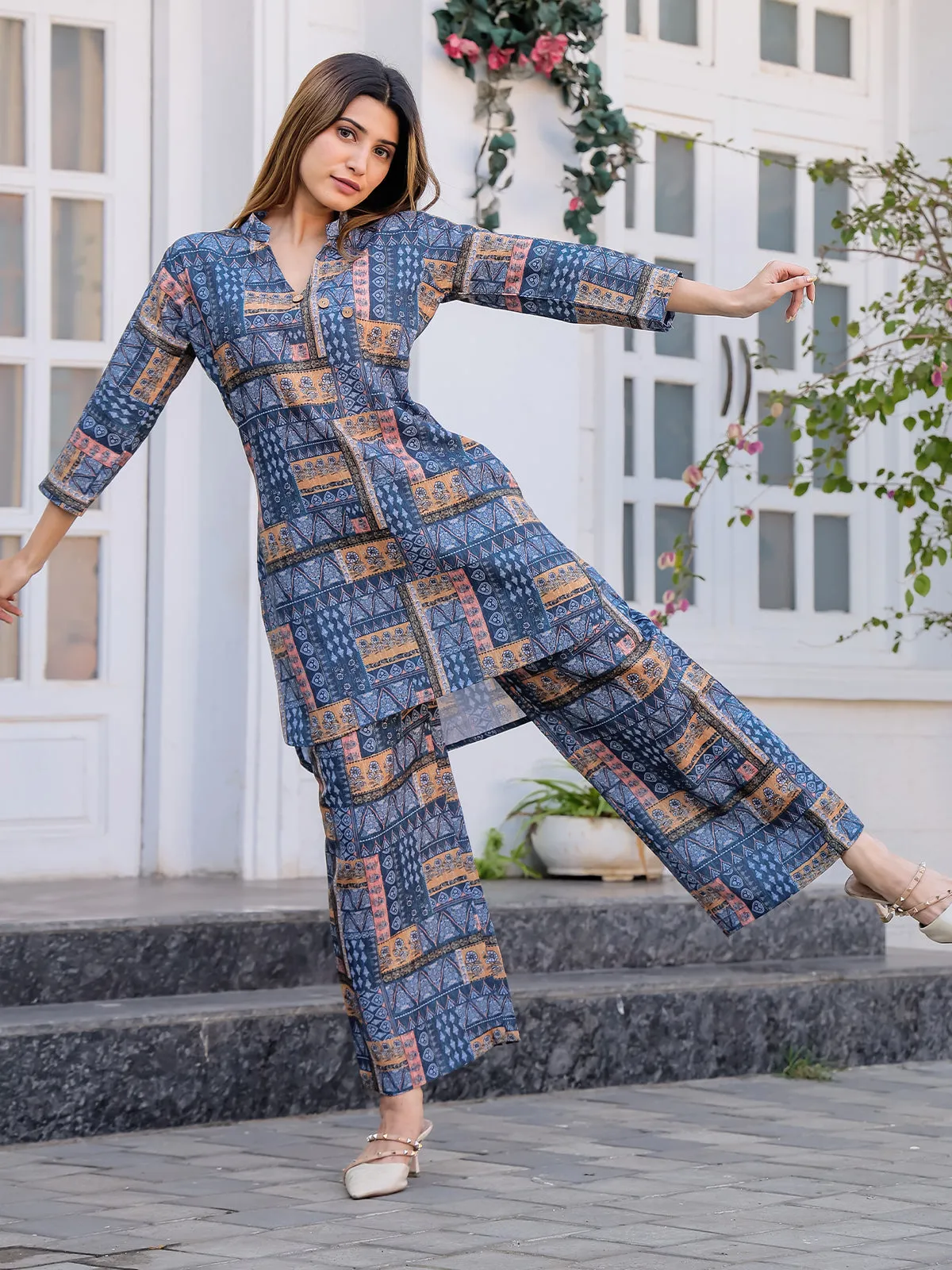 Odette Blue Cotton Printed Stitched Co Ord Set for Women