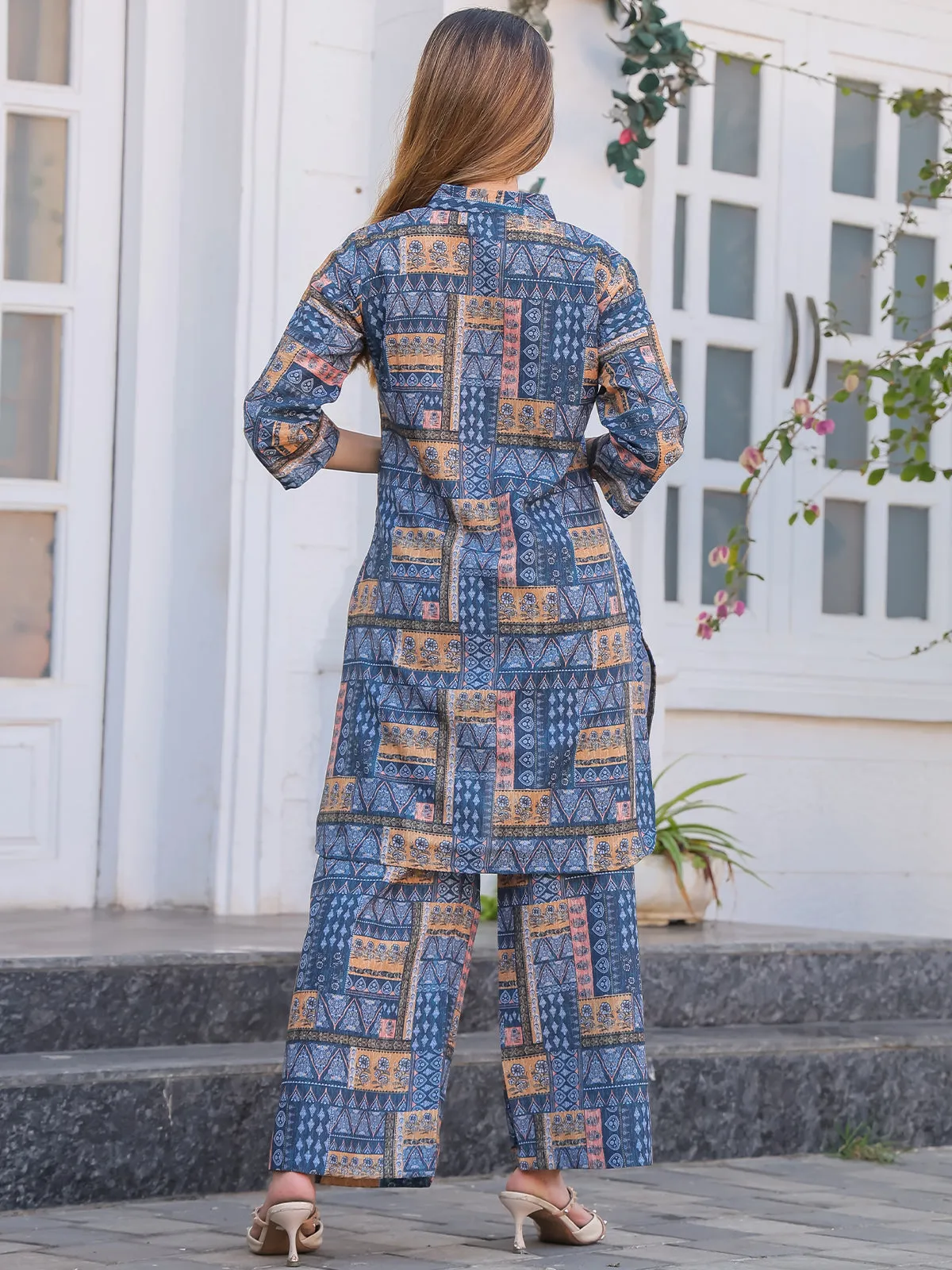 Odette Blue Cotton Printed Stitched Co Ord Set for Women