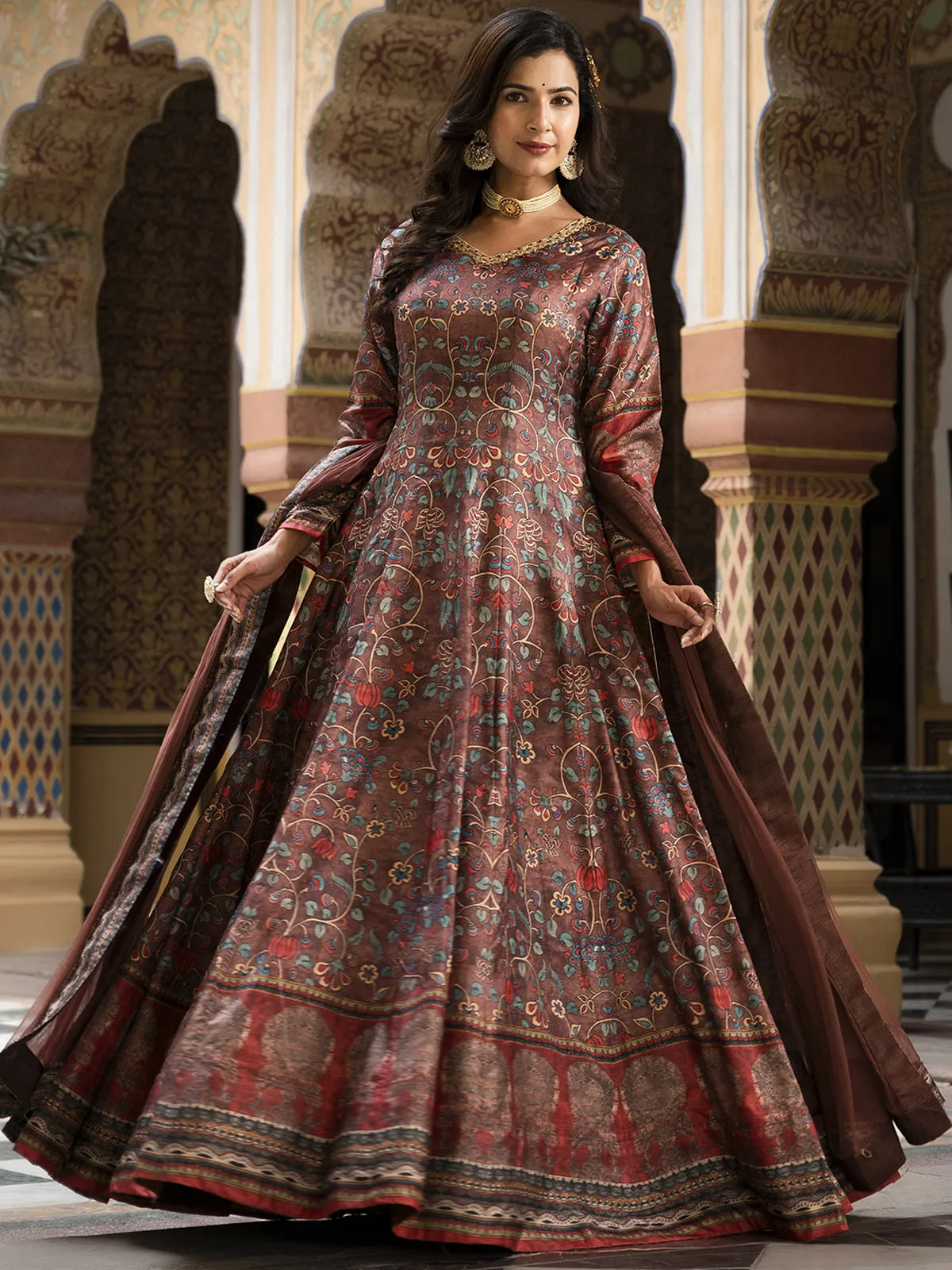 Odette Brown Silk Stitched Gown with Dupatta For Women