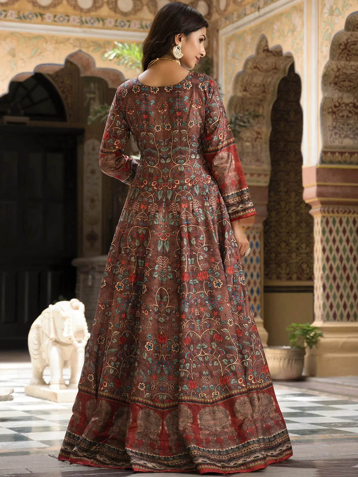 Odette Brown Silk Stitched Gown with Dupatta For Women