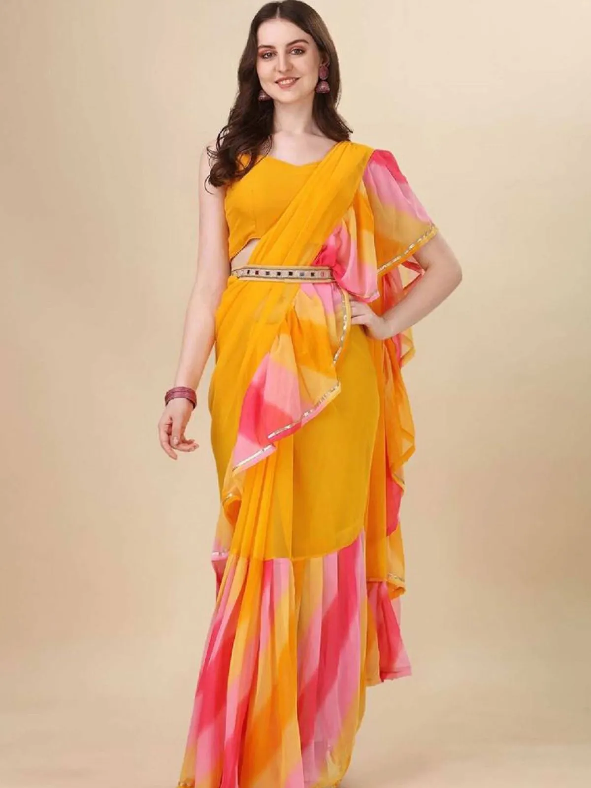 Odette Designer Yellow Printed Ruffle Saree with Unstitched Blouse for Women