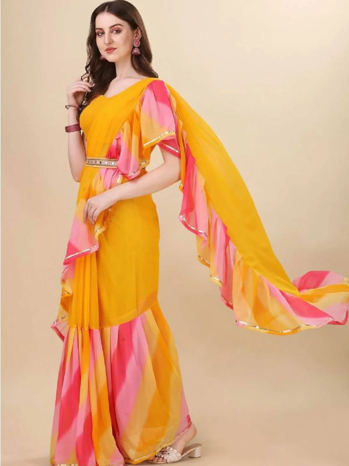 Odette Designer Yellow Printed Ruffle Saree with Unstitched Blouse for Women