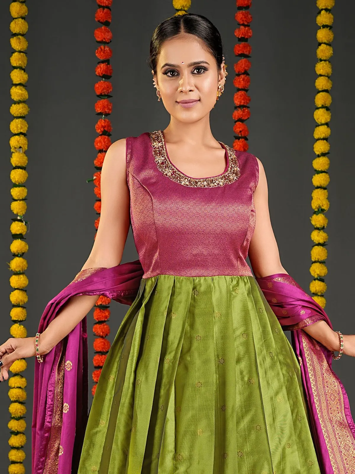 Odette Green Banarasi Silk Woven Stitched Gown  for Women