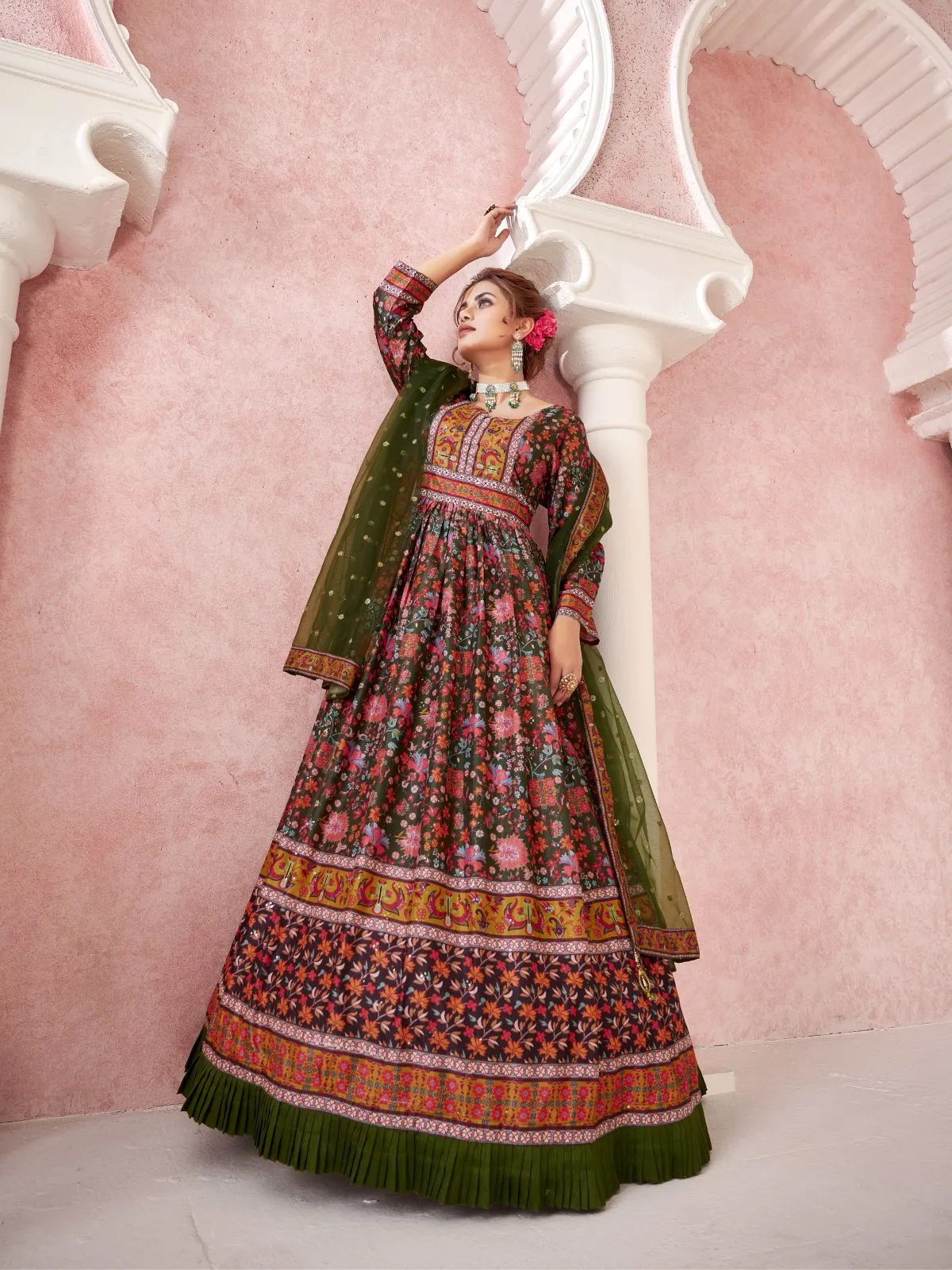 Odette Green Silk Printed Stitched Gown For Women