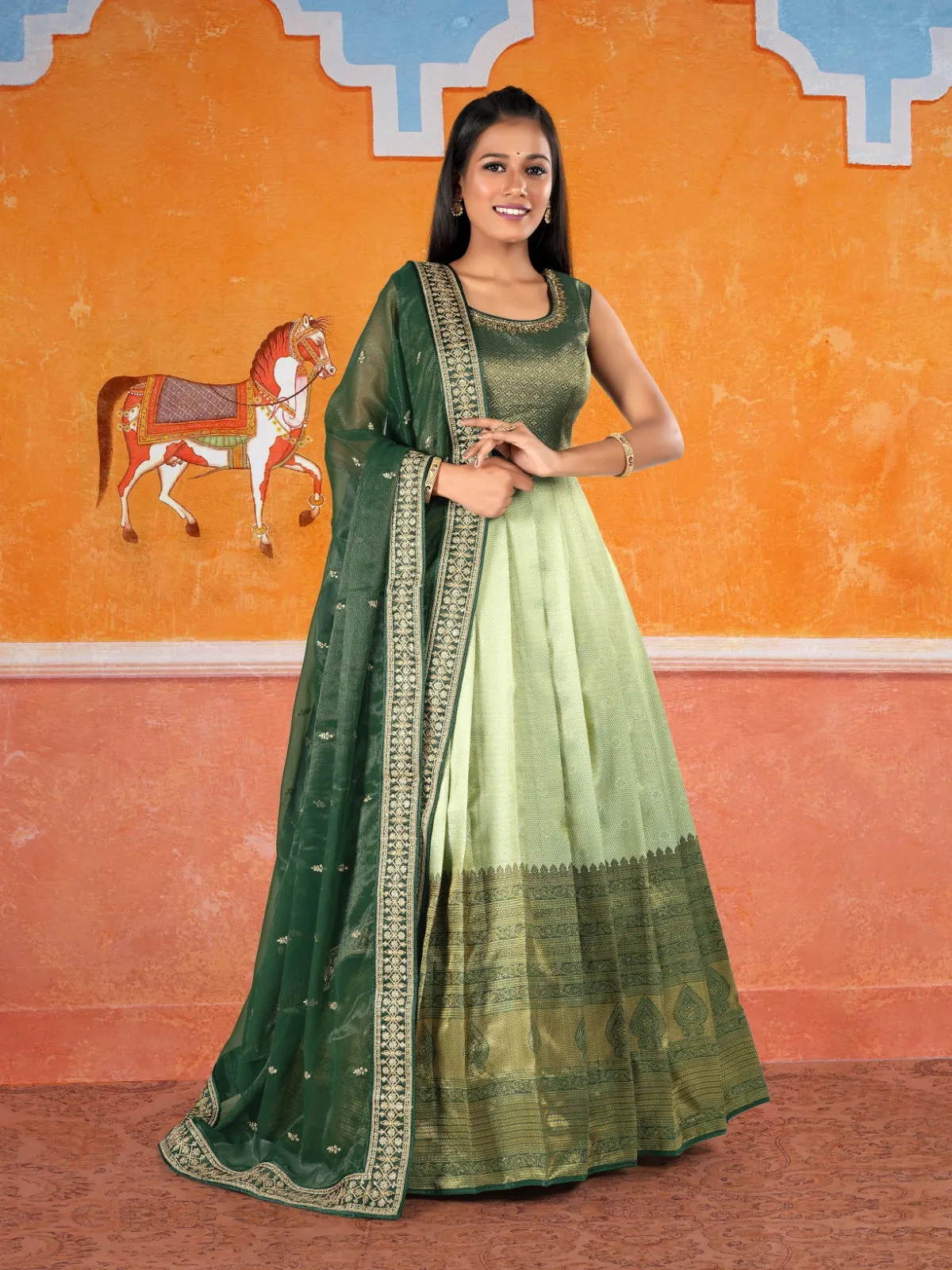 Odette Light Green Banarasi Silk Woven Stitched Gown  for Women