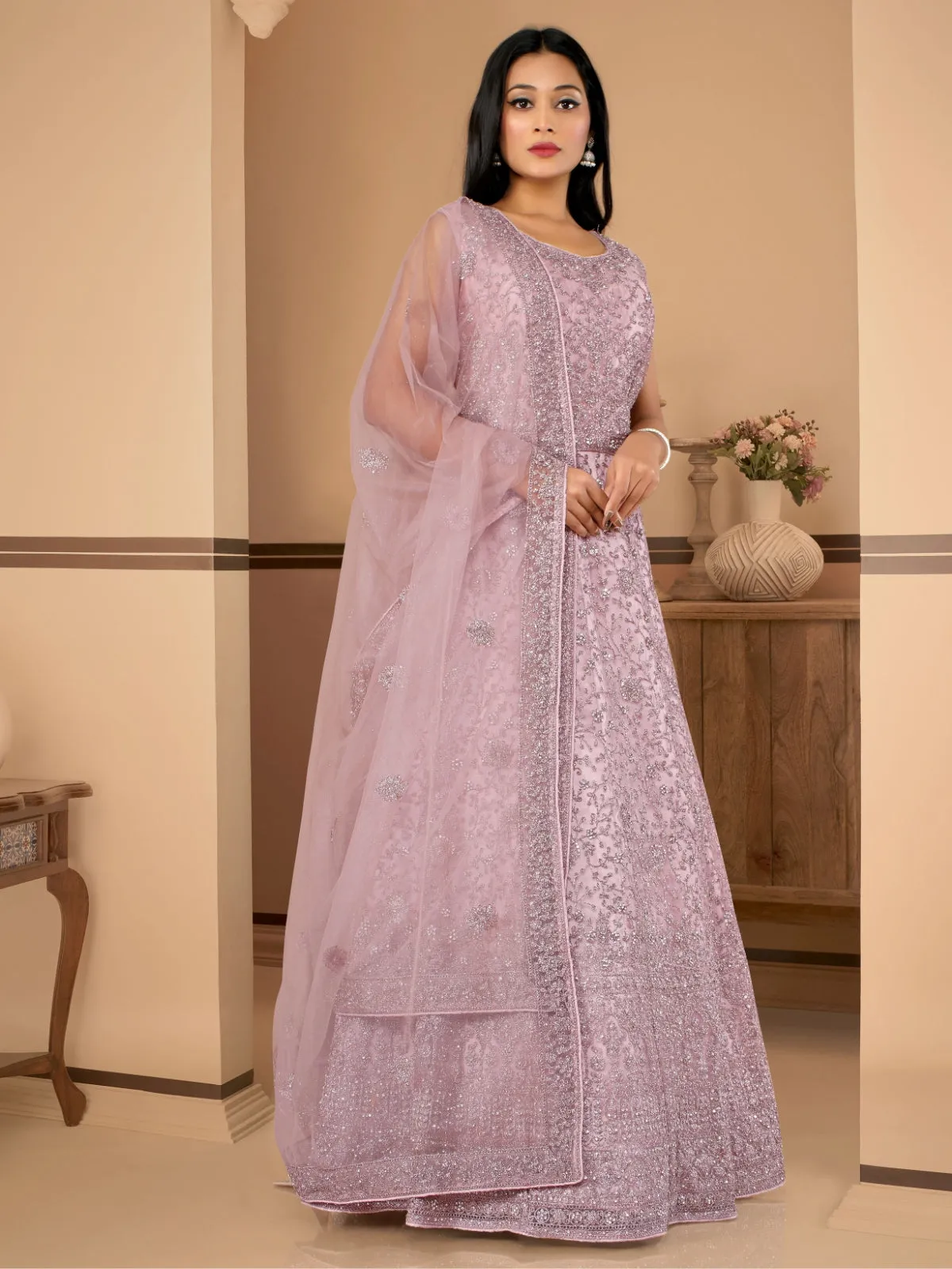 Odette Lilac  Net  Embroidered Stitched Gown  for Women