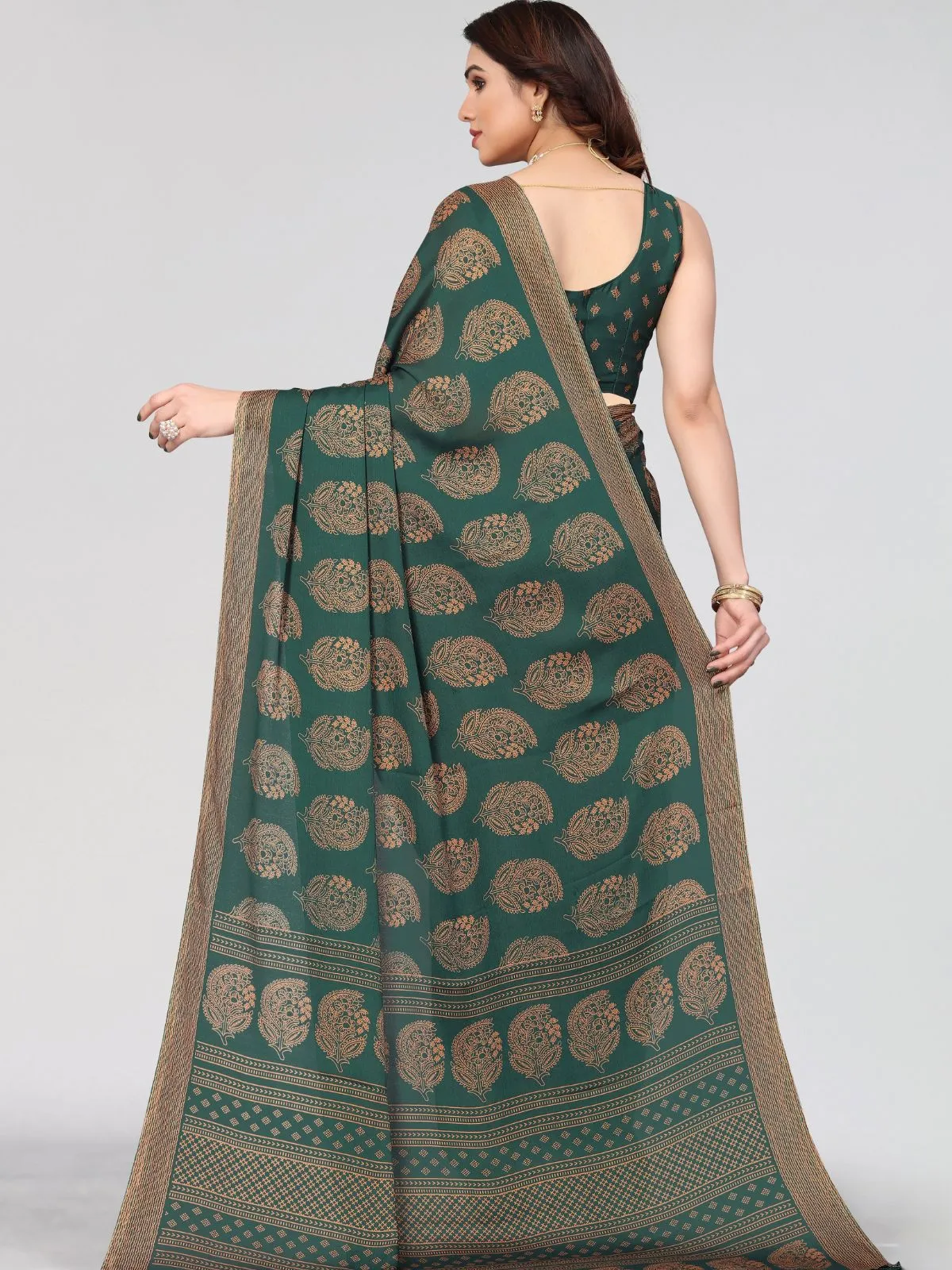 Odette Partywear Dark Green Printed Moss Chiffon Saree with Unstitched Blouse for Women