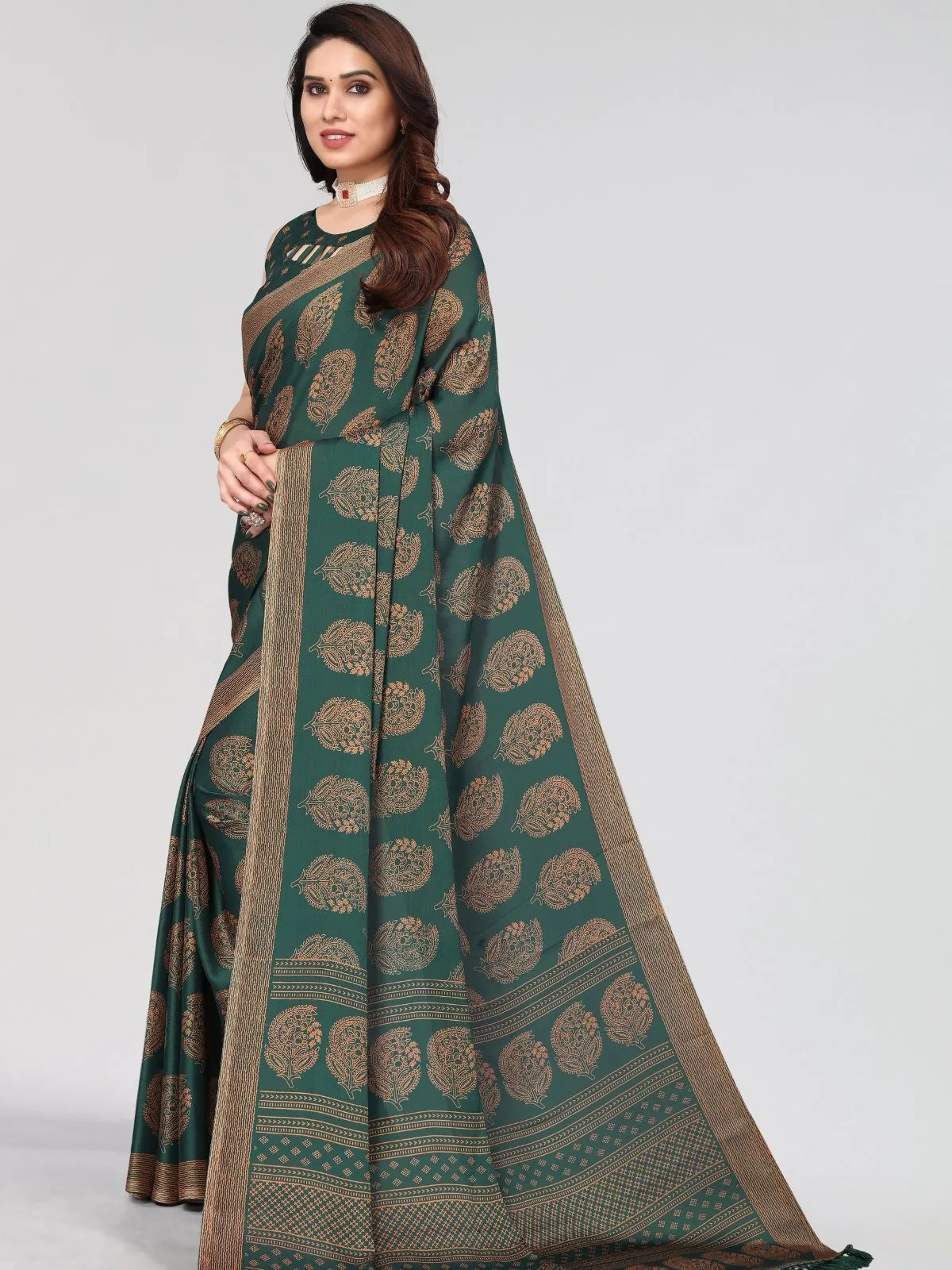 Odette Partywear Dark Green Printed Moss Chiffon Saree with Unstitched Blouse for Women