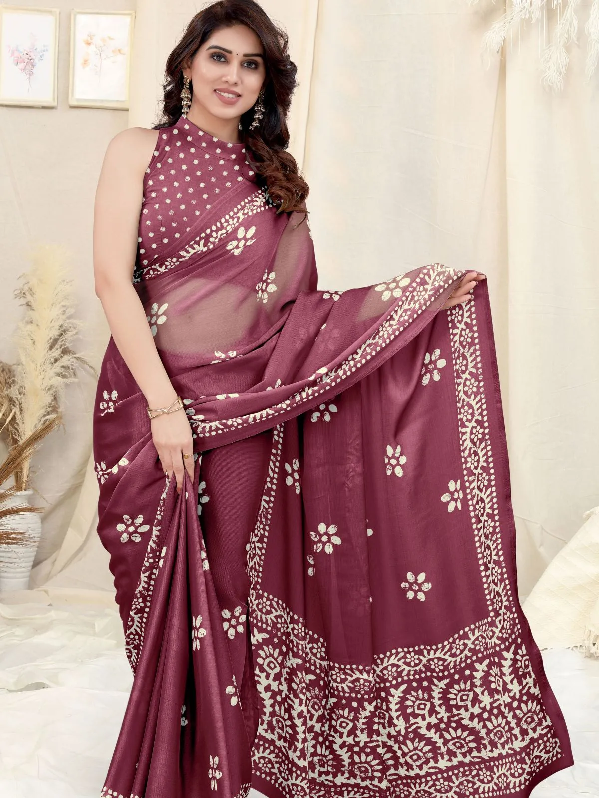 Odette Partywear Magenta Printed Chinon Chiffon Saree with Unstitched Blouse for Women