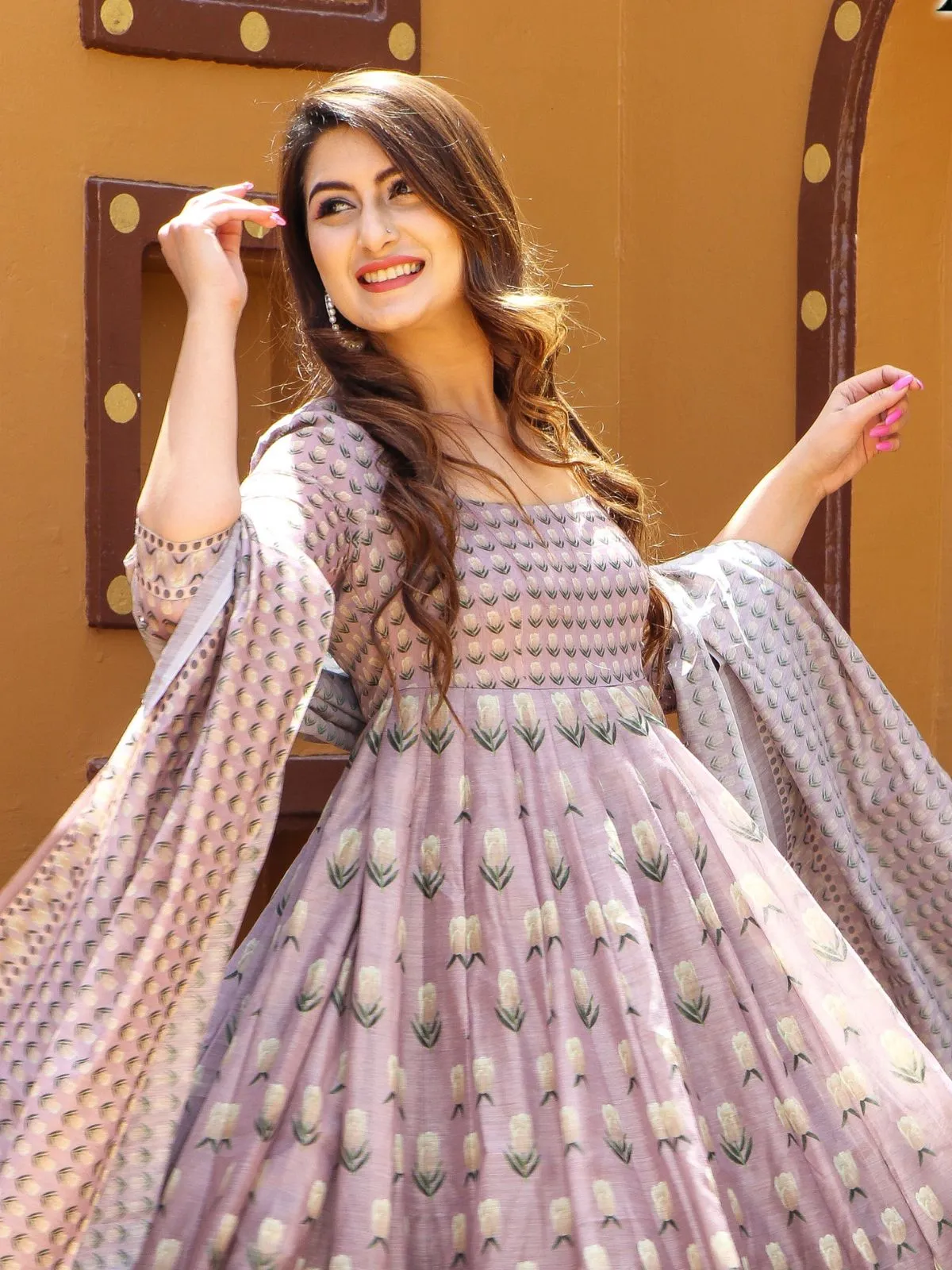 Odette Peach Chanderi Printed Gown with Dupatta For Women