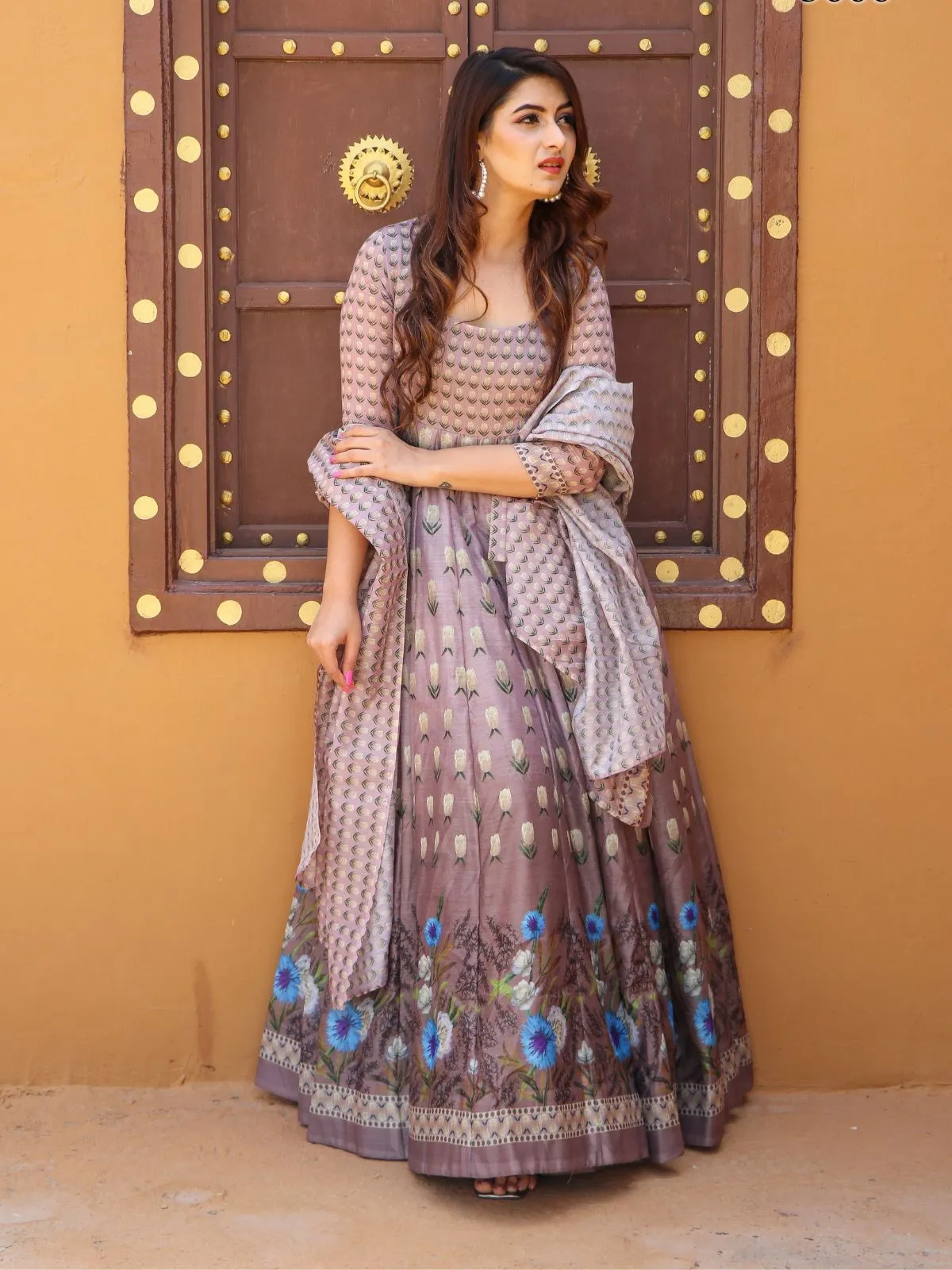 Odette Peach Chanderi Printed Gown with Dupatta For Women