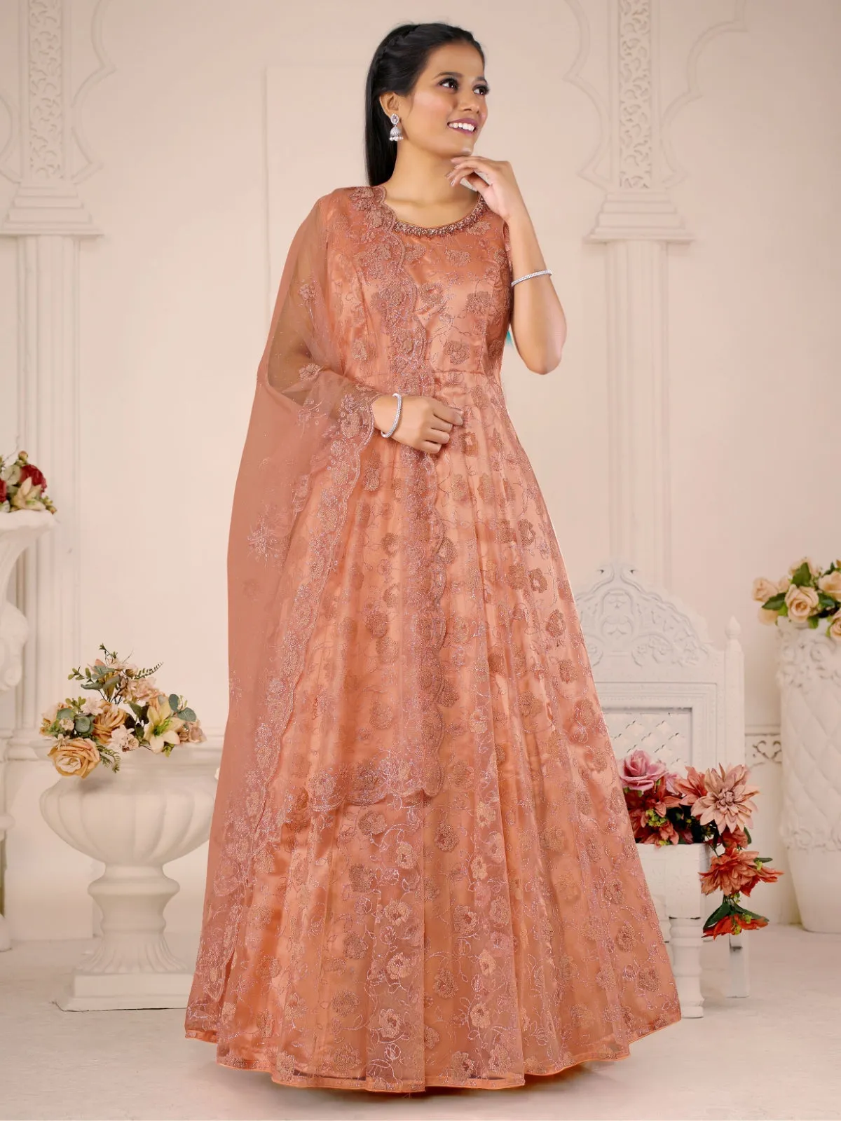 Odette Peach Net  Embroidered Stitched Gown  for Women