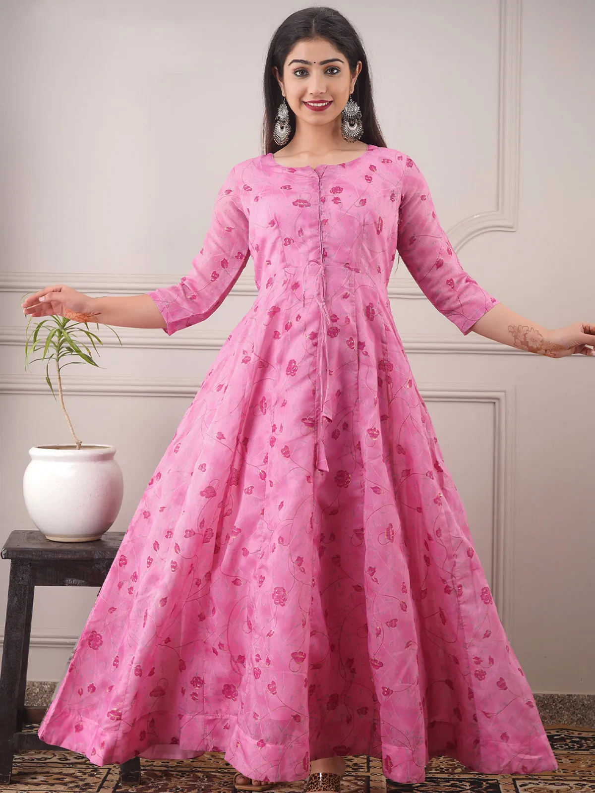 Odette Pink Chanderi Printed Stitched Gown for Women