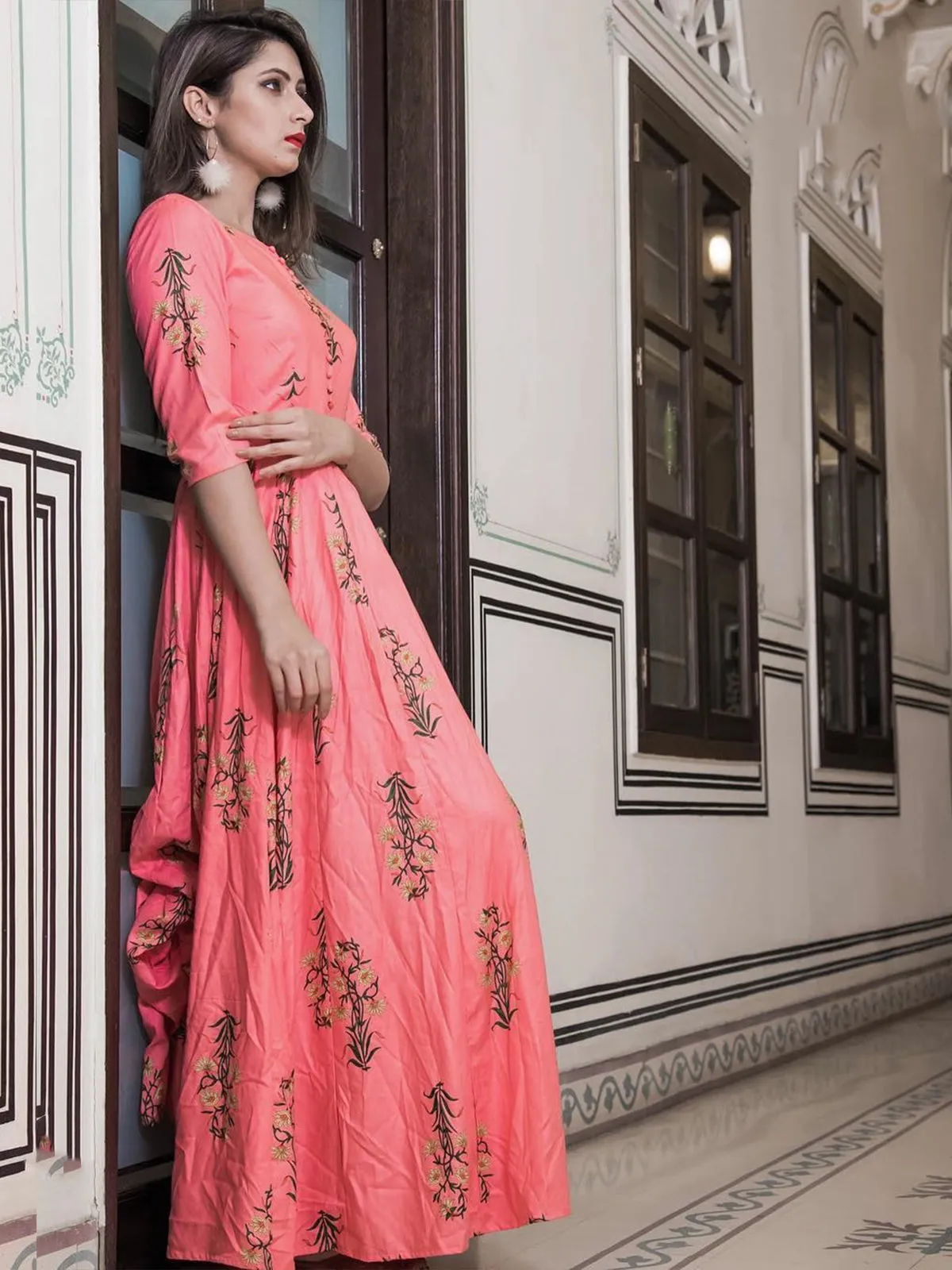 Odette Pink Muslin Printed Stitched Gown for Women