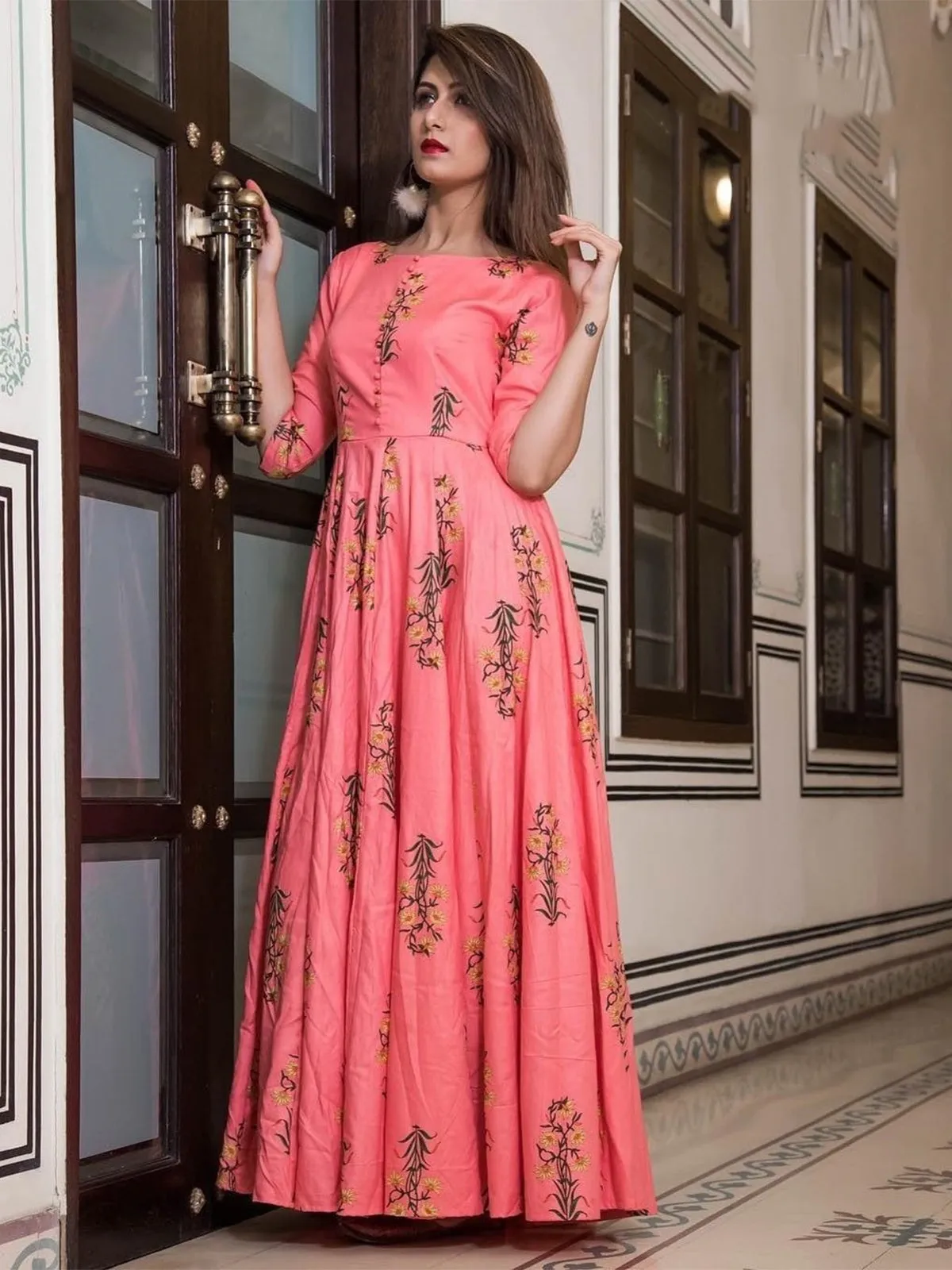 Odette Pink Muslin Printed Stitched Gown for Women