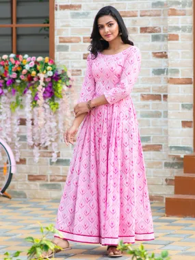 Odette Pink Muslin Printed Stitched Gown for Women