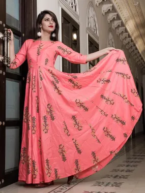 Odette Pink Muslin Printed Stitched Gown for Women