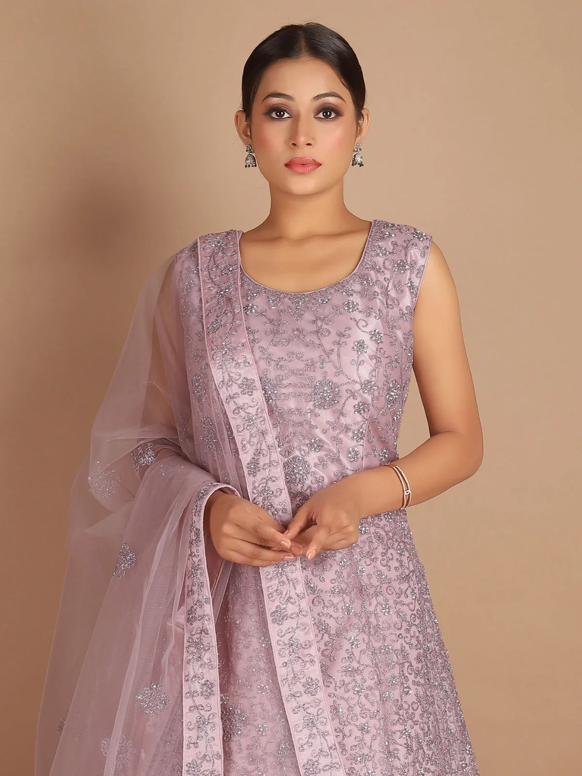 Odette Pink Net Embroidered Stitched Gown  for Women