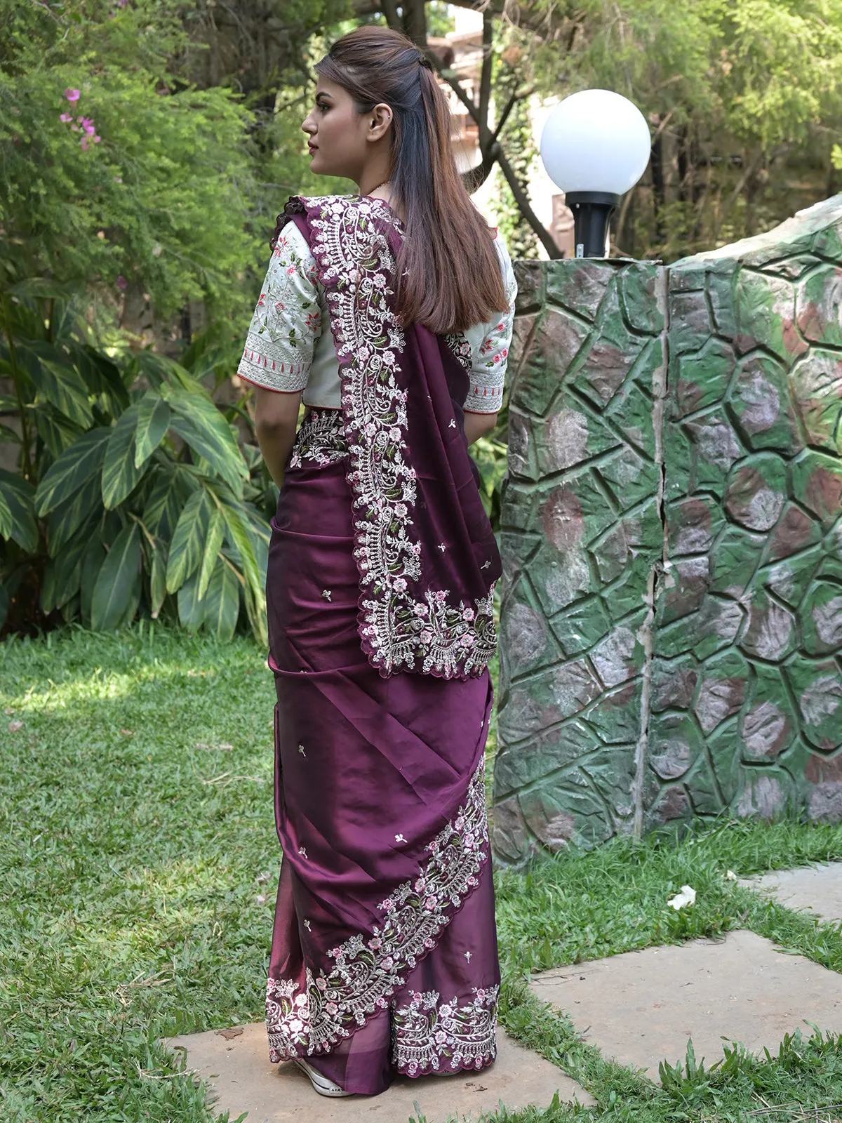 Odette Purple Embroidered Satin Georgette Saree with Unstitched Blouse for Women