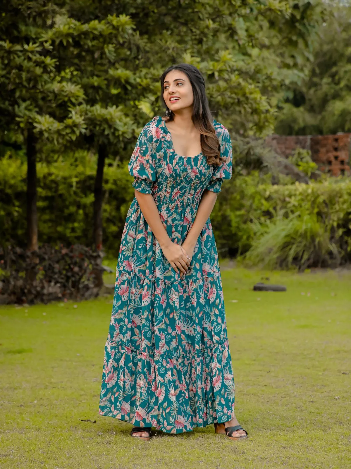 Odette Teal Georgette Stitched Printed Indo Western Dress For Women