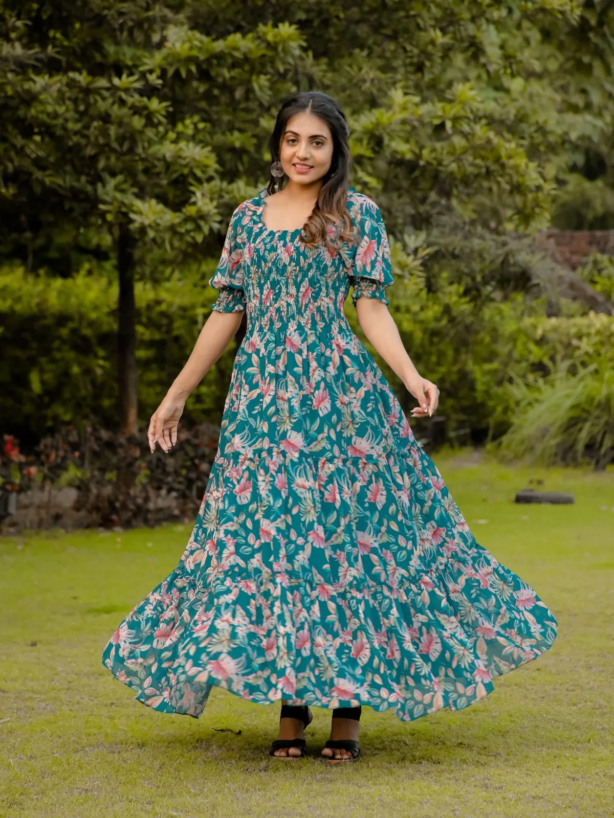 Odette Teal Georgette Stitched Printed Indo Western Dress For Women