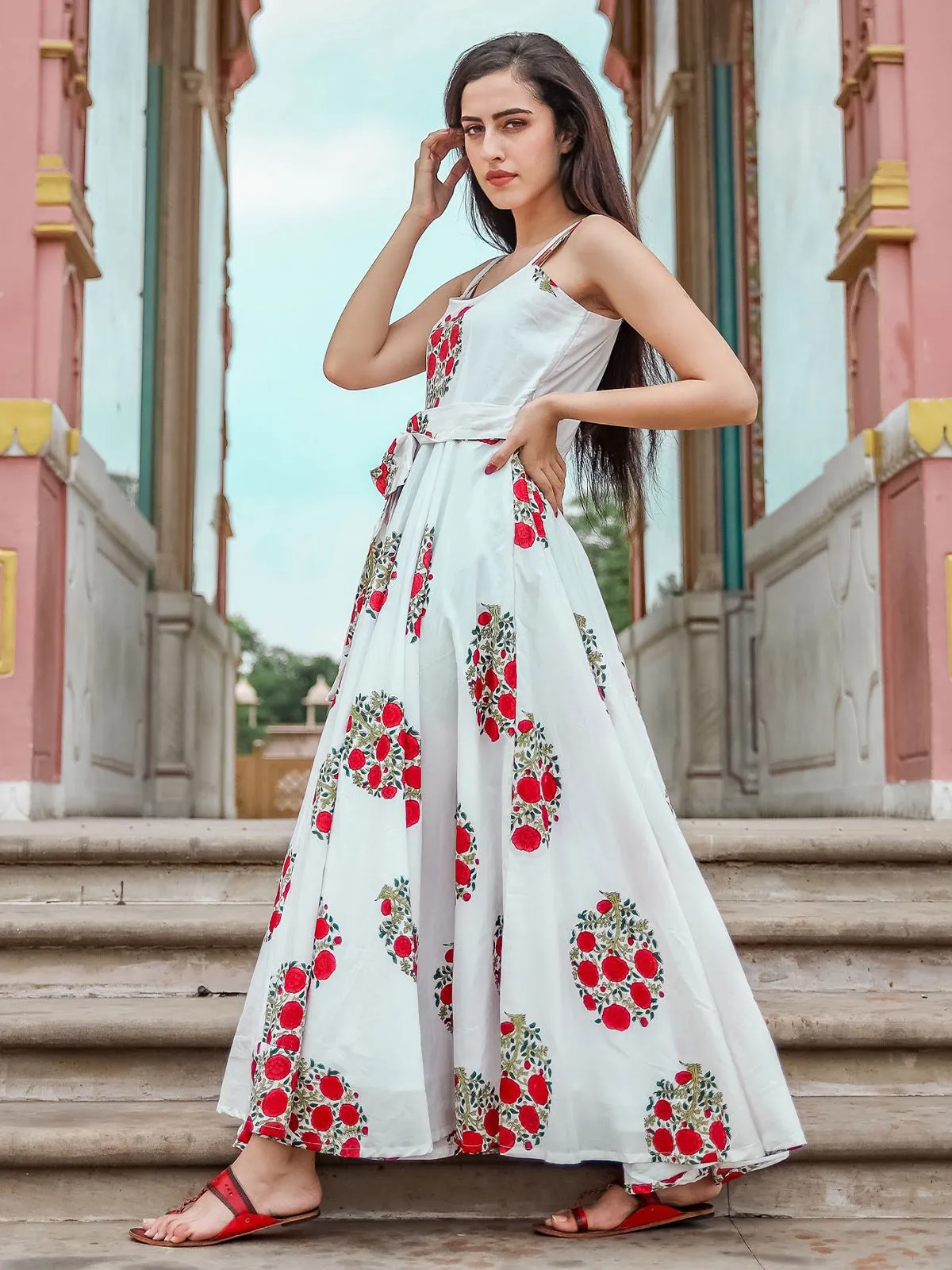 Odette White Muslin Printed Stitched Gown for Women