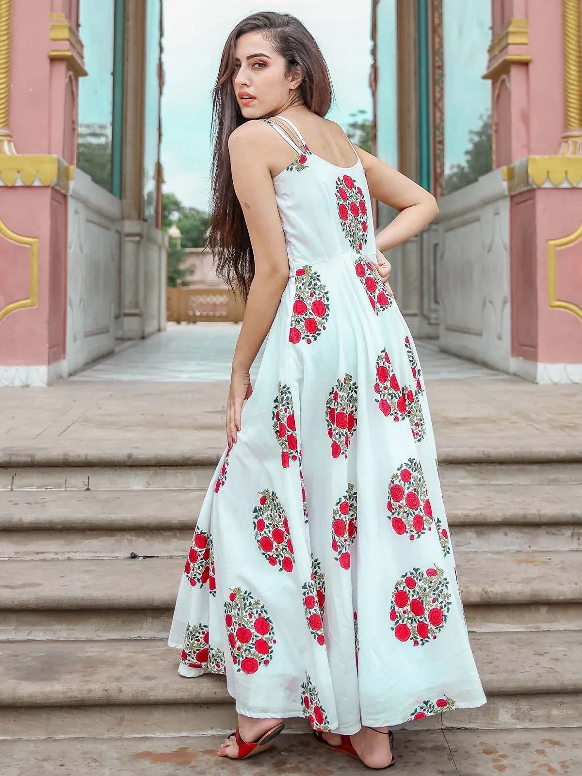 Odette White Muslin Printed Stitched Gown for Women