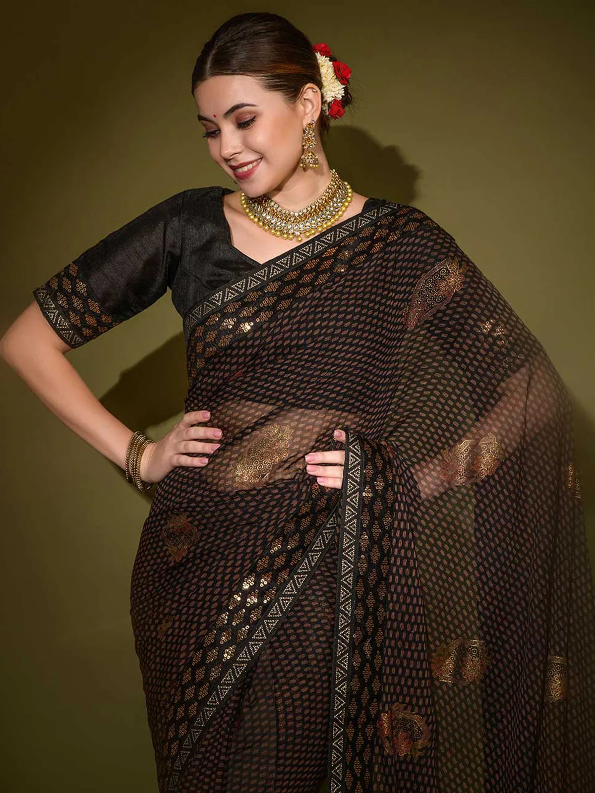 Odette Women Black Georgette Saree With Blouse Piece