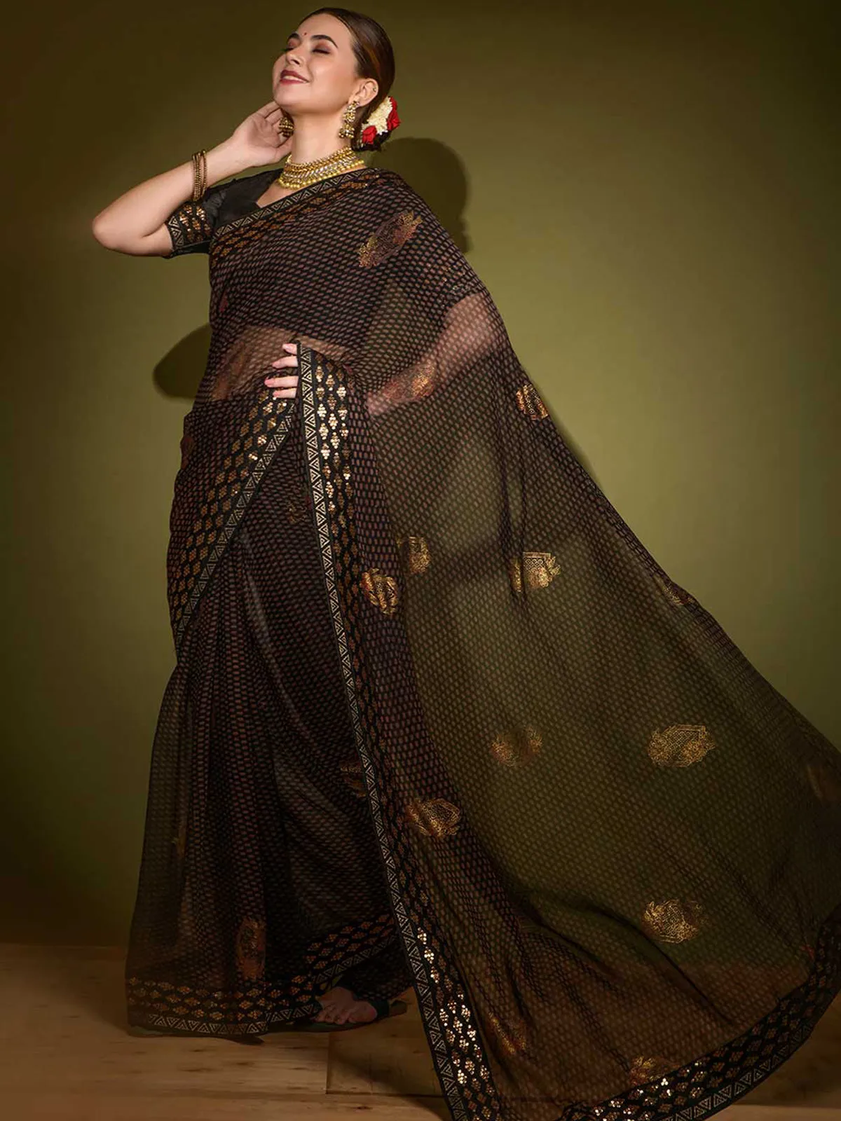 Odette Women Black Georgette Saree With Blouse Piece