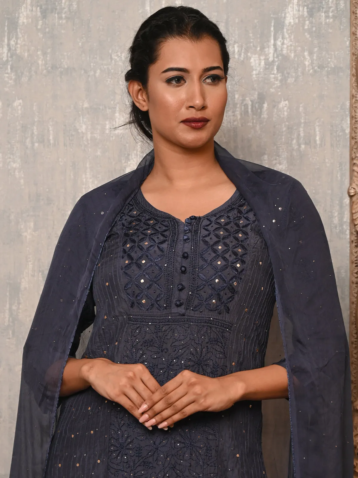 Odette Women Dark Grey Poly Silk Chikankari Mukaish Work Embroidered Stitched Kurta Set