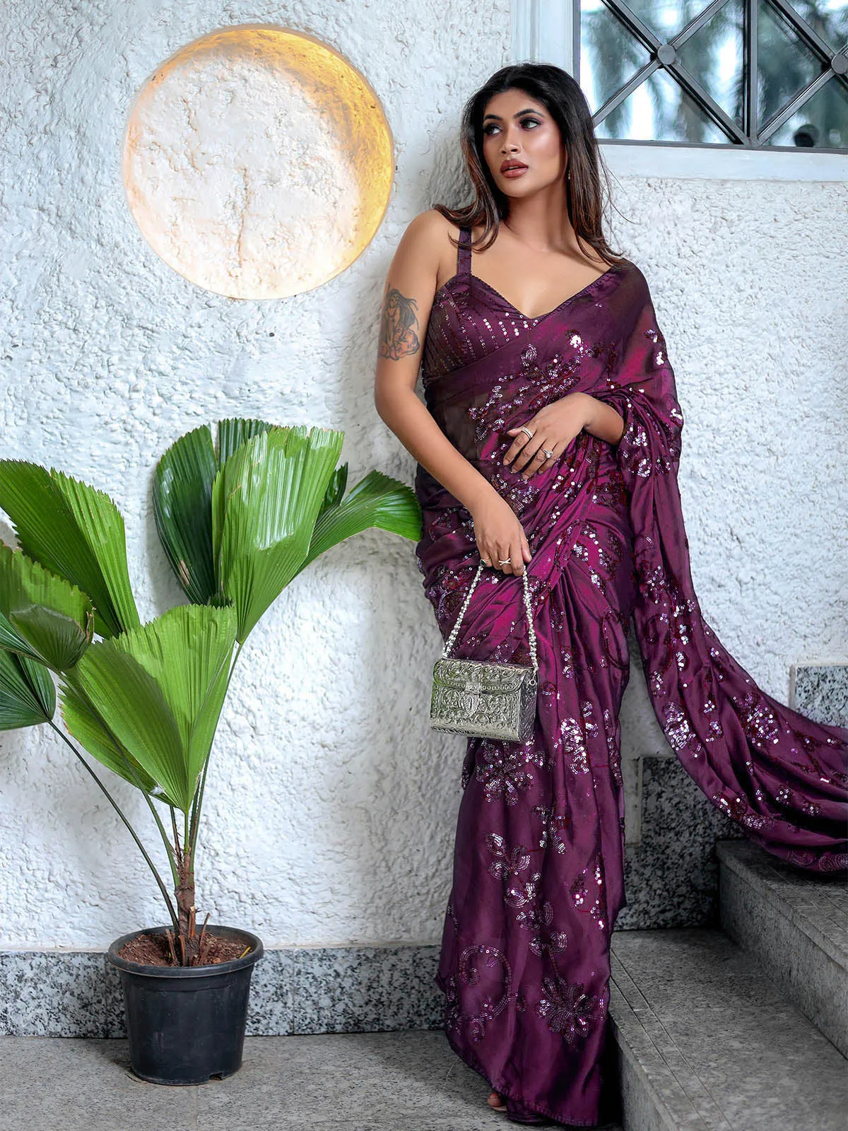 Odette Women Deep Purple Sequin Saree With Unstitched Blouse