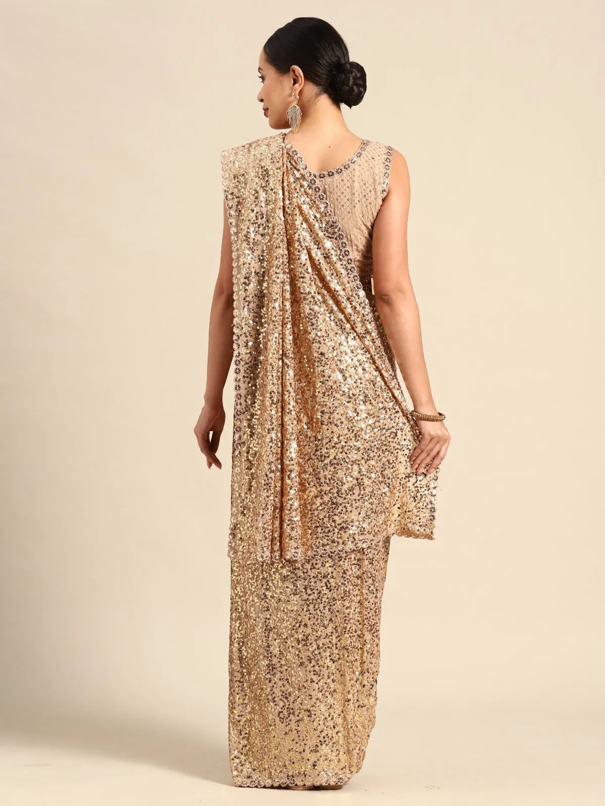 Odette Women Gold Georgette Designer Sequins Saree With Unstitched Blouse