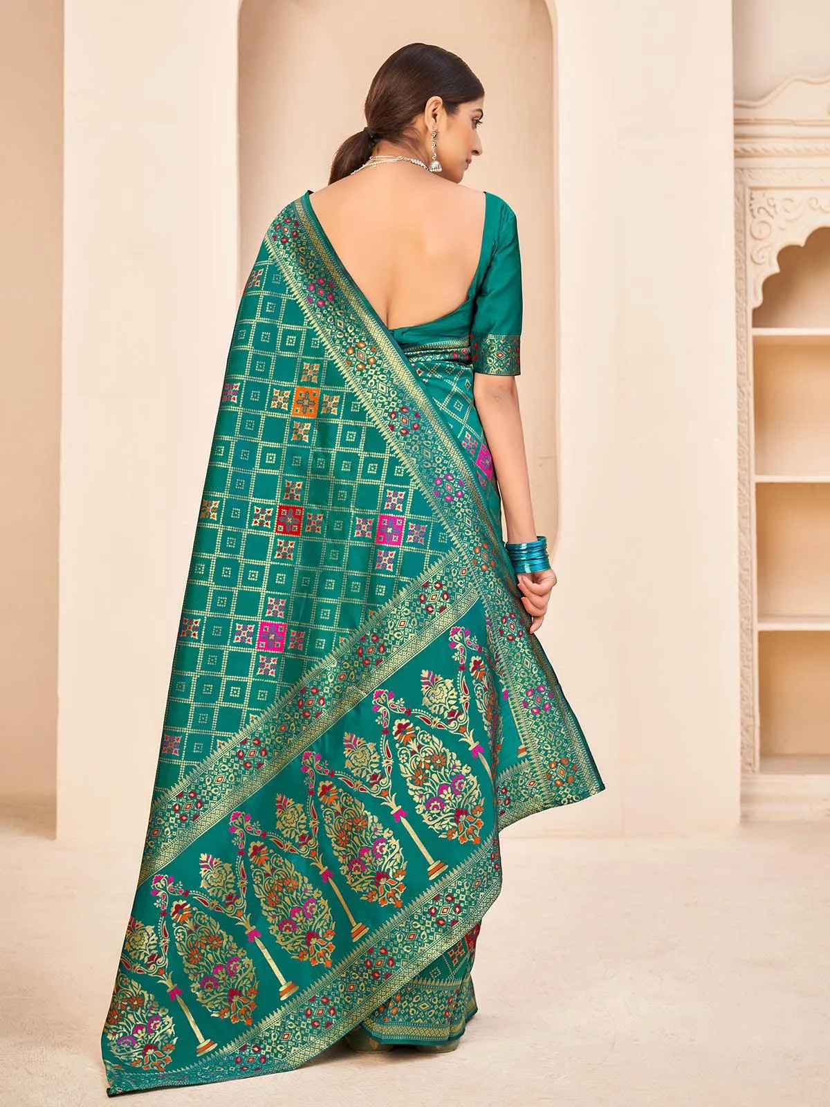 Odette Women Gorgeous Woven Teal Green Banarasi Silk Saree With Unstitched Blouse