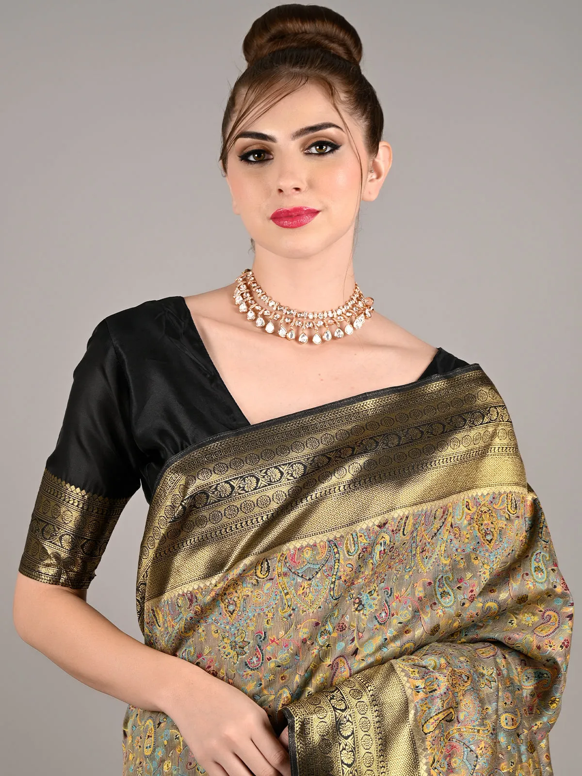 Odette Women Grey Modal Woven Saree With Unstitched Blouse