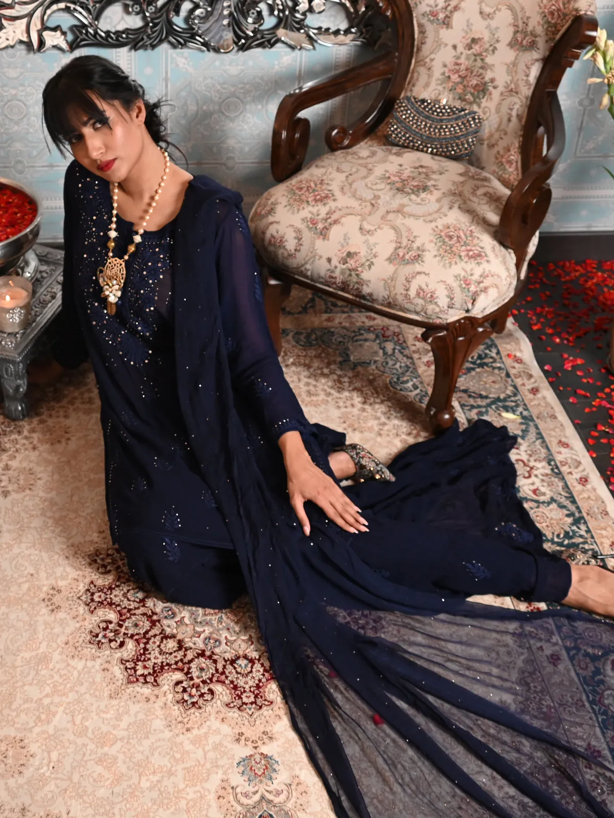 Odette Women Navy Blue Georgette Chikankari Embroidered Stitched Sharara Set