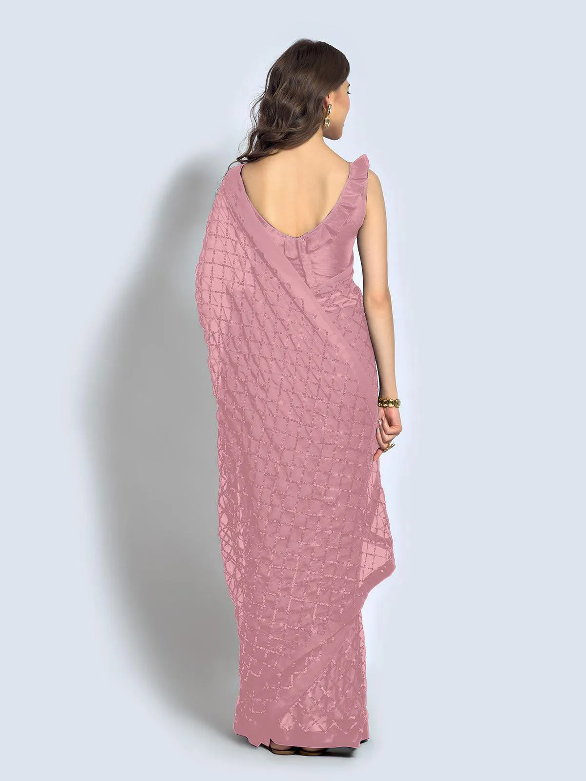 Odette Women Onion Pink Designer Sequins Saree With Unstitched Blouse