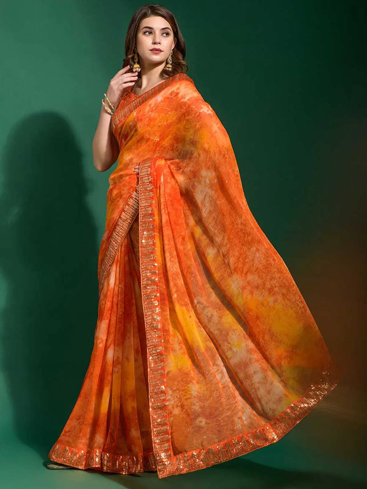 Odette Women Orange Georgette Saree With Blouse Piece