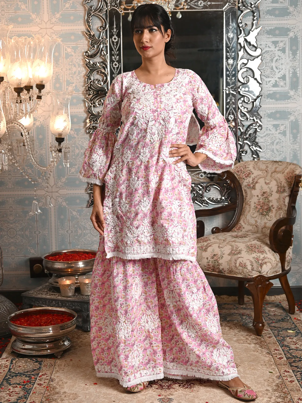 Odette Women Pink Cotton Printed Chikankari Embroidered Stitched Kurta With Sharara Pant